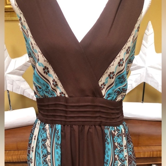 Sandra Darren Floral Brown & Aqua Boho Sleeveless V Neck Cocktail Party Dress 12 - Picture 3 of 16